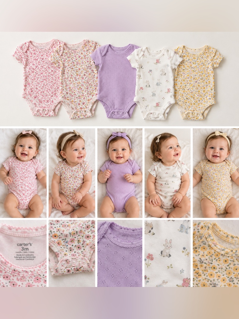 Carter’s Baby Girl 3M 5-Pack Floral Print Bodysuits Onesies